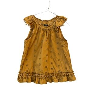 J Crew Mustard Yellow Sleeveless Eyelet Cotton Blouse with Floral Pattern (S)